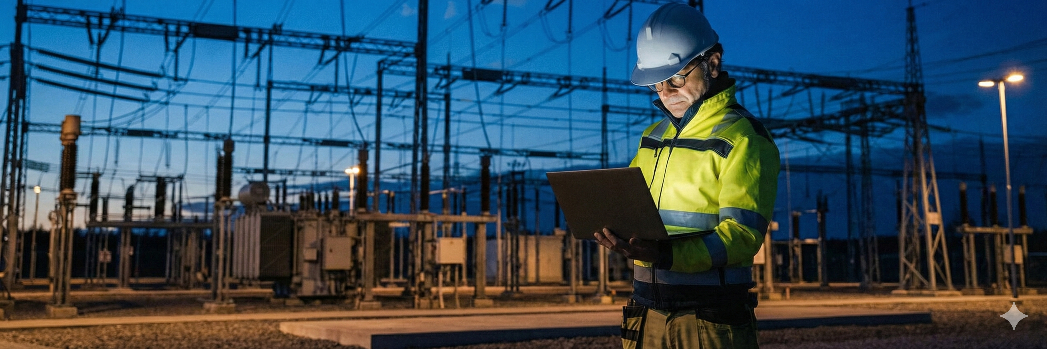 Engenheiro realizando inspeção em subestação elétrica
